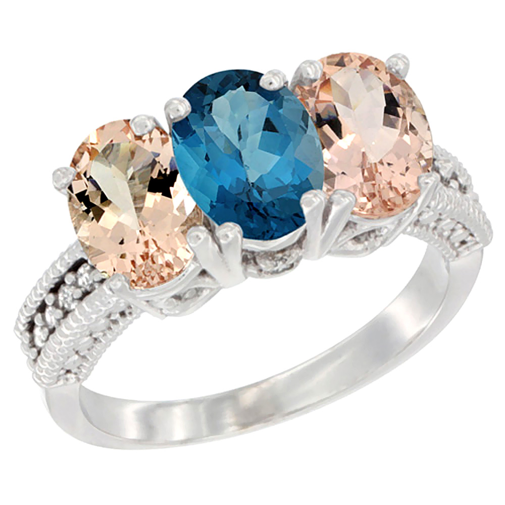 10K White Gold Natural London Blue Topaz &amp; Morganite Sides Ring 3-Stone Oval 7x5 mm Diamond Accent, sizes 5 - 10