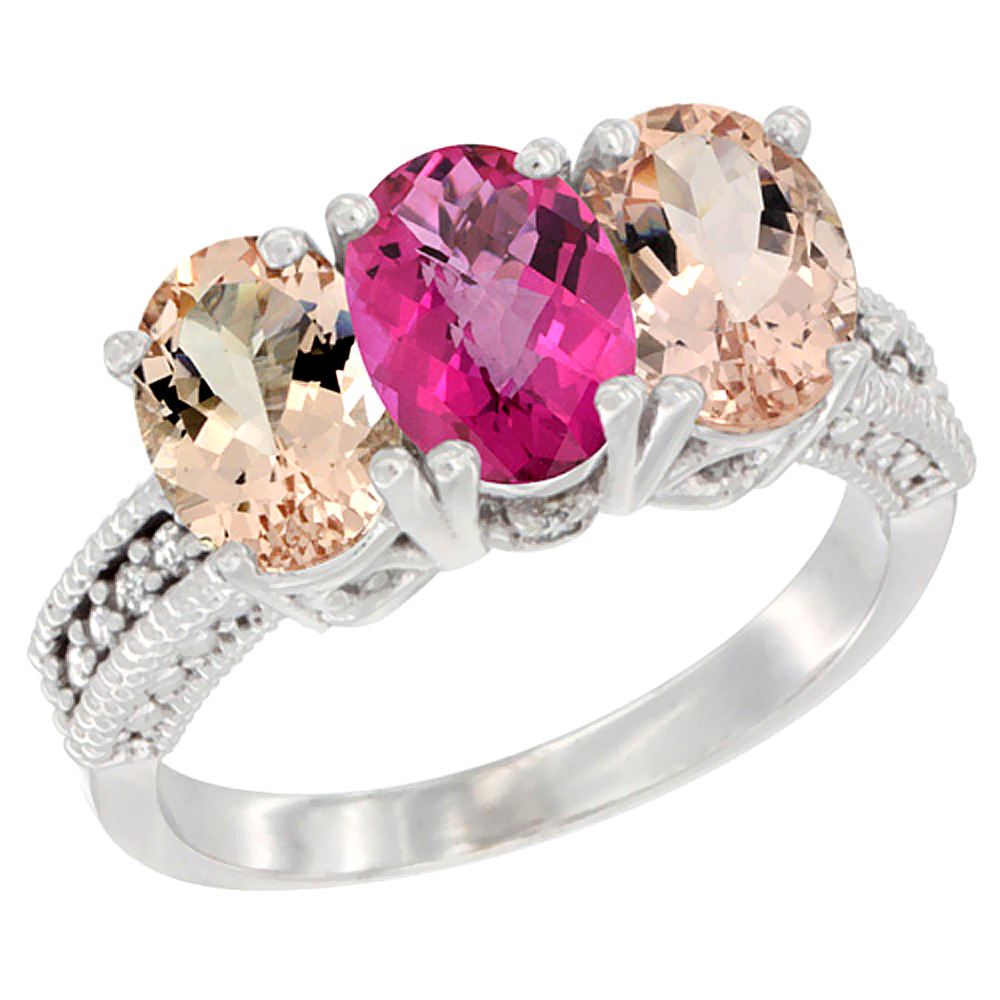 14K White Gold Natural Pink Topaz &amp; Morganite Sides Ring 3-Stone Oval 7x5 mm Diamond Accent, sizes 5 - 10