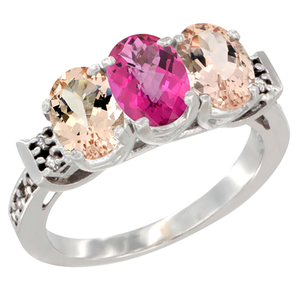 14K White Gold Natural Pink Topaz &amp; Morganite Sides Ring 3-Stone Oval 7x5 mm Diamond Accent, sizes 5 - 10