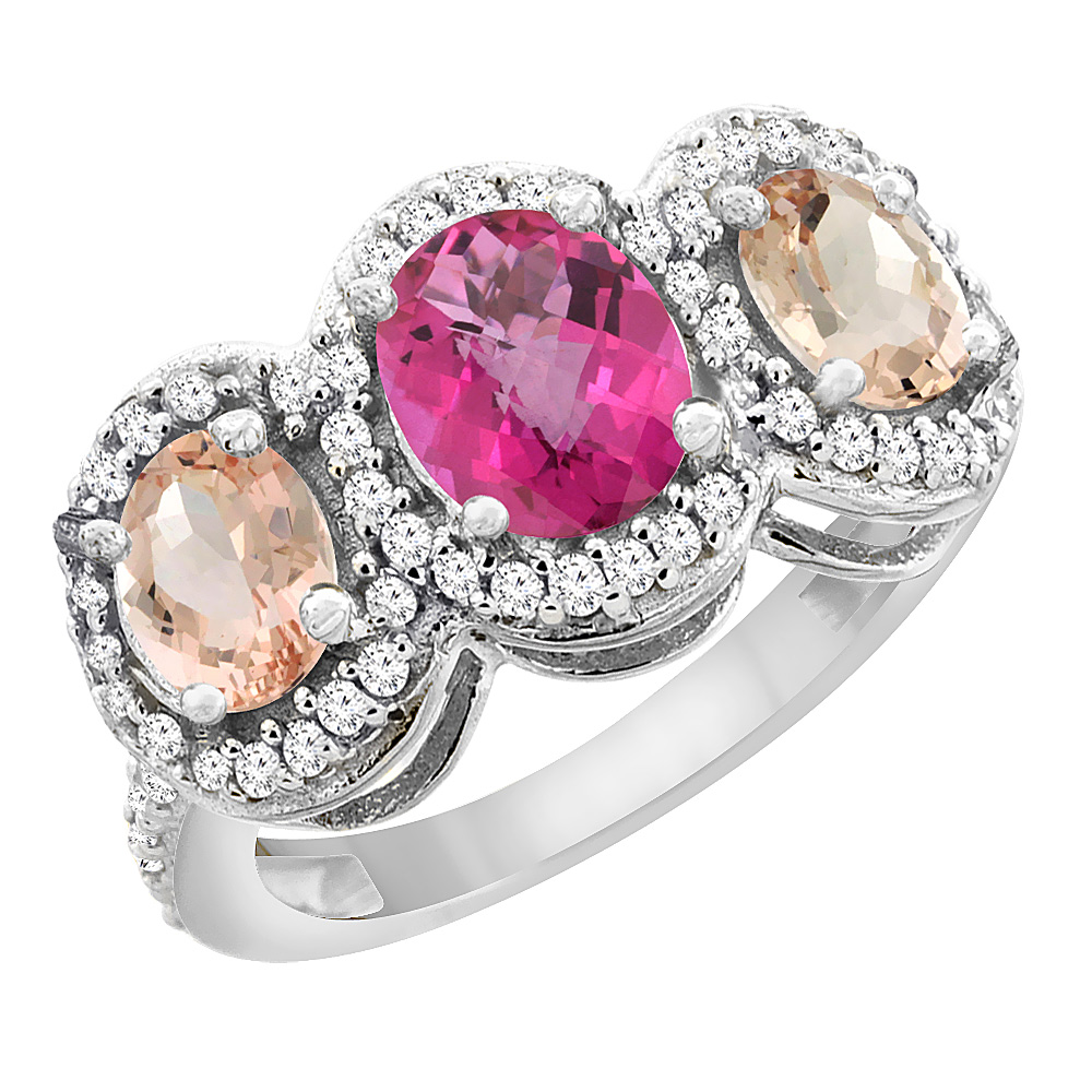 14K White Gold Natural Pink Topaz & Morganite 3-Stone Ring Oval Diamond Accent, sizes 5 - 10