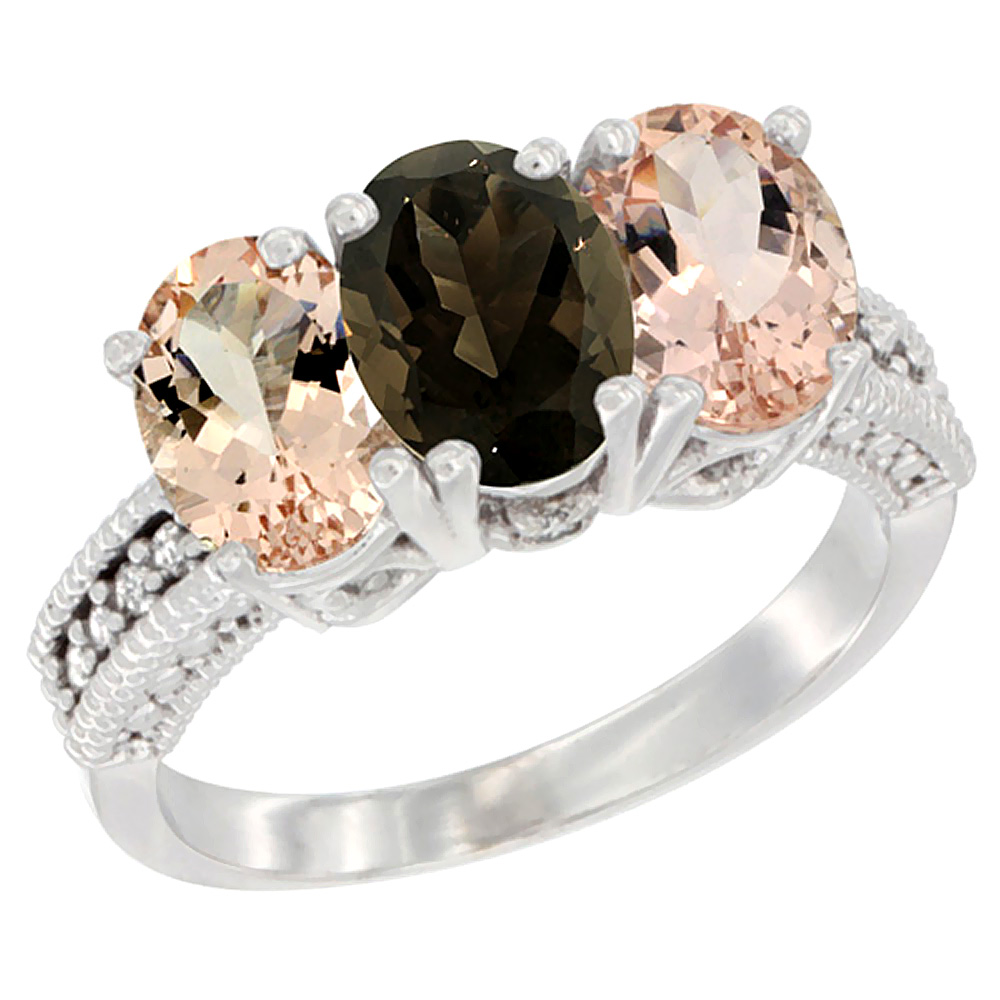 10K White Gold Natural Smoky Topaz & Morganite Sides Ring 3-Stone Oval 7x5 mm Diamond Accent, sizes 5 - 10
