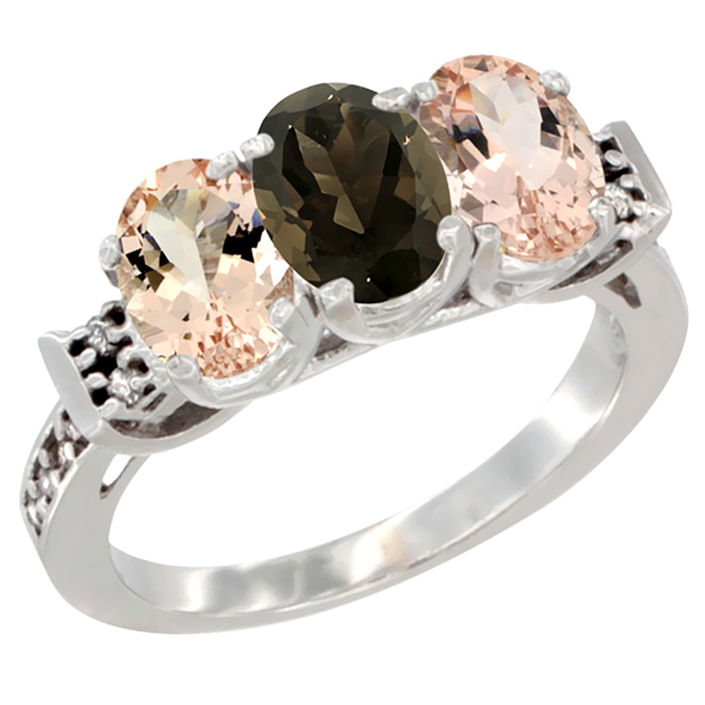 10K White Gold Natural Smoky Topaz & Morganite Sides Ring 3-Stone Oval 7x5 mm Diamond Accent, sizes 5 - 10