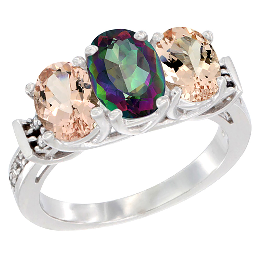 10K White Gold Natural Mystic Topaz & Morganite Sides Ring 3-Stone Oval Diamond Accent, sizes 5 - 10