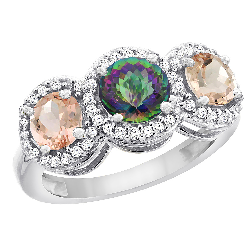 10K White Gold Natural Mystic Topaz & Morganite Sides Round 3-stone Ring Diamond Accents, sizes 5 - 10