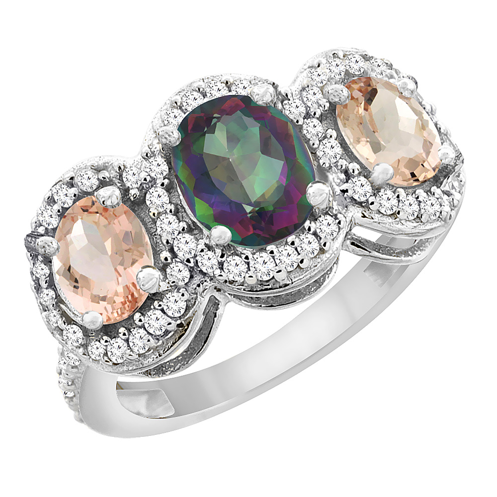 10K White Gold Natural Mystic Topaz & Morganite 3-Stone Ring Oval Diamond Accent, sizes 5 - 10