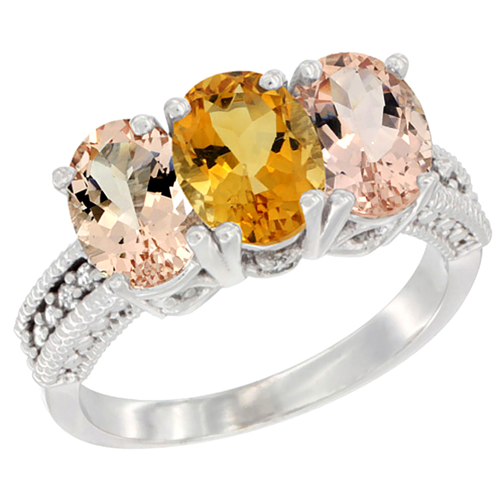 10K White Gold Natural Citrine &amp; Morganite Sides Ring 3-Stone Oval 7x5 mm Diamond Accent, sizes 5 - 10