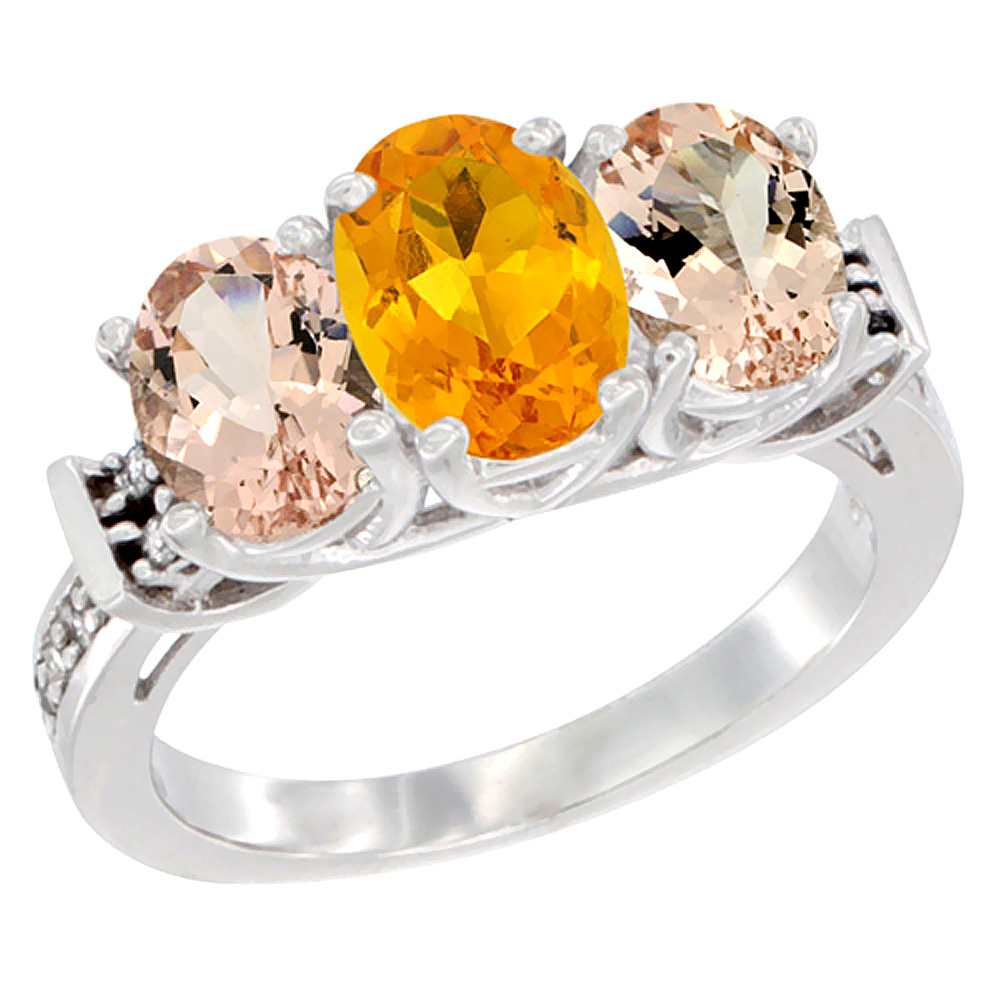 10K White Gold Natural Citrine & Morganite Sides Ring 3-Stone Oval Diamond Accent, sizes 5 - 10