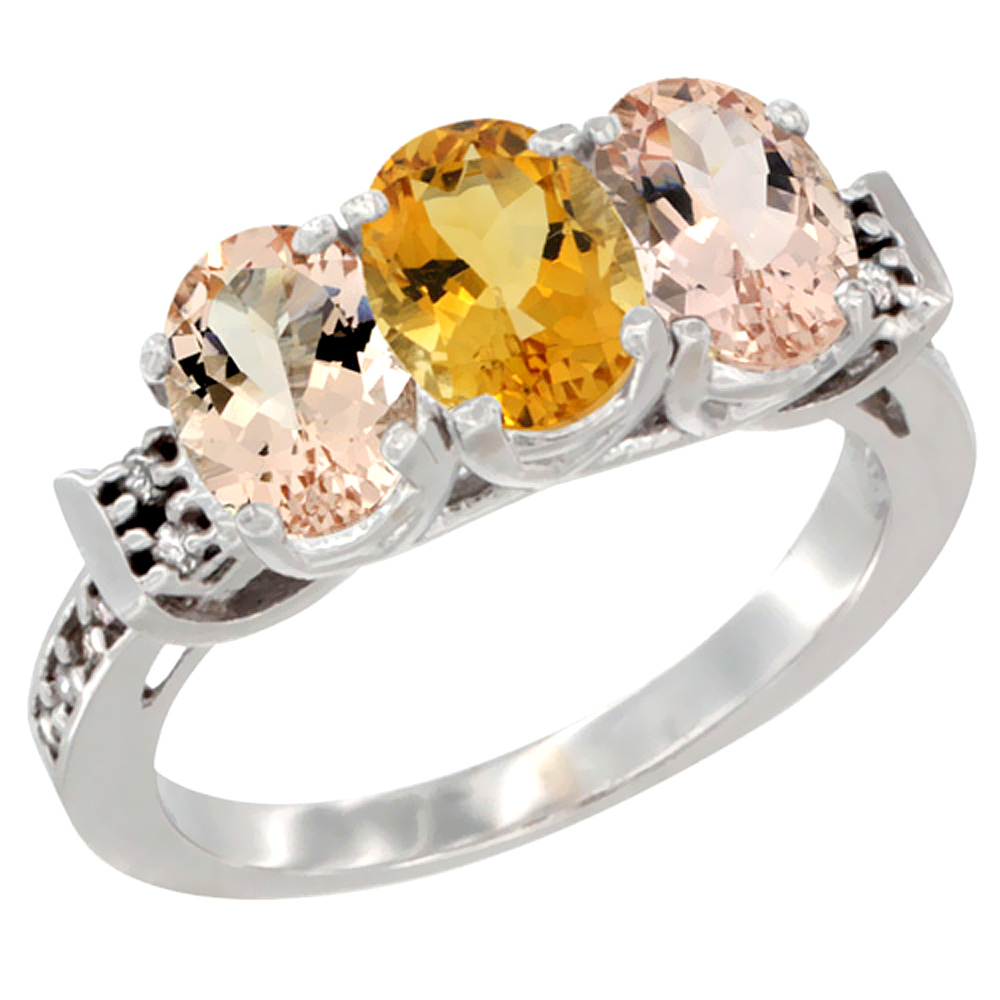 14K White Gold Natural Citrine & Morganite Sides Ring 3-Stone Oval 7x5 mm Diamond Accent, sizes 5 - 10