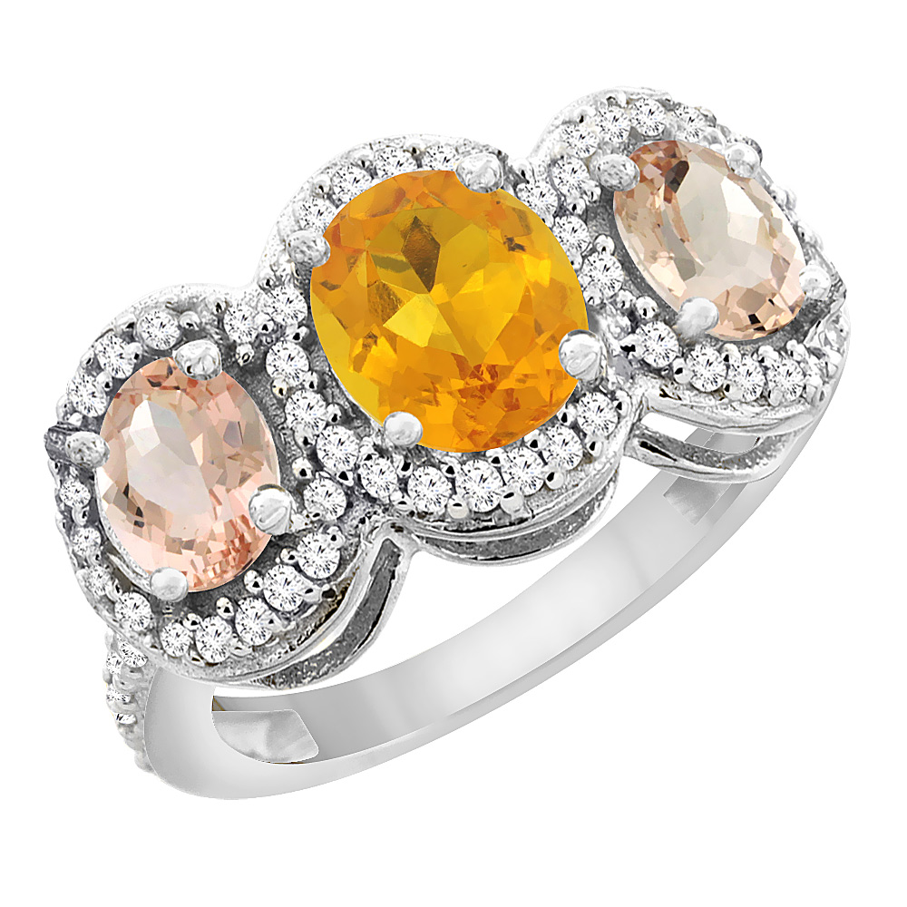 14K White Gold Natural Citrine & Morganite 3-Stone Ring Oval Diamond Accent, sizes 5 - 10