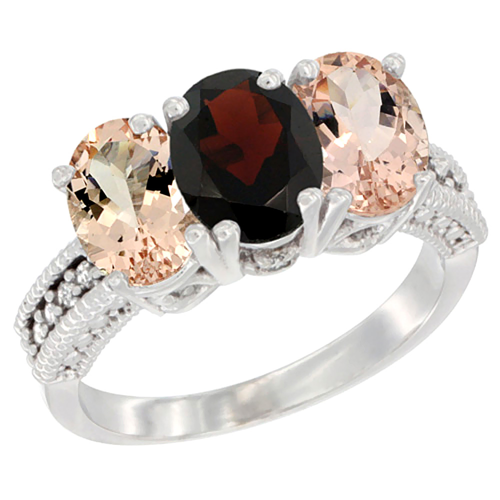 10K White Gold Natural Garnet &amp; Morganite Sides Ring 3-Stone Oval 7x5 mm Diamond Accent, sizes 5 - 10