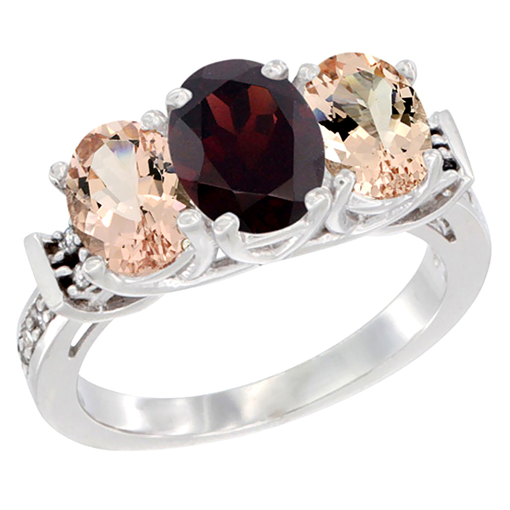 14K White Gold Natural Garnet & Morganite Sides Ring 3-Stone Oval Diamond Accent, sizes 5 - 10
