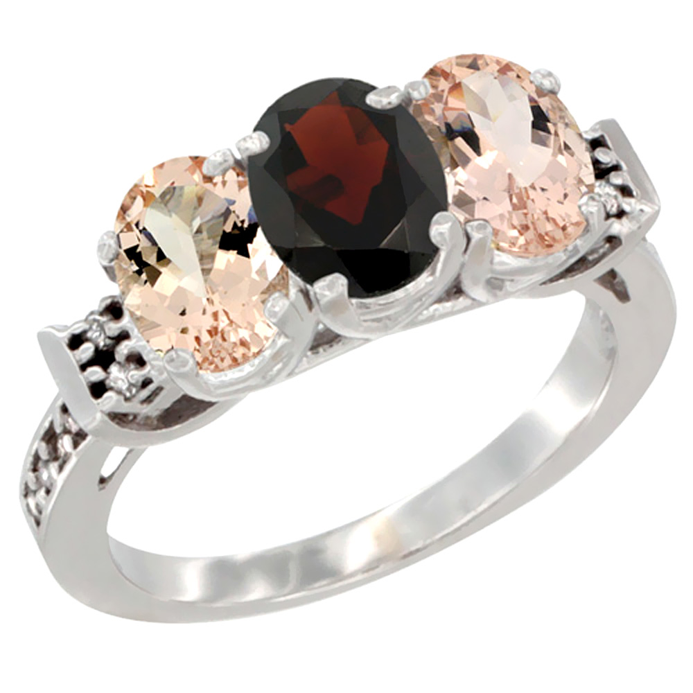 10K White Gold Natural Garnet & Morganite Sides Ring 3-Stone Oval 7x5 mm Diamond Accent, sizes 5 - 10