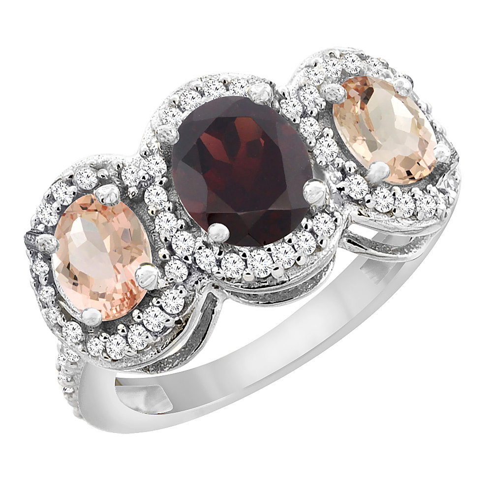 10K White Gold Natural Garnet &amp; Morganite 3-Stone Ring Oval Diamond Accent, sizes 5 - 10