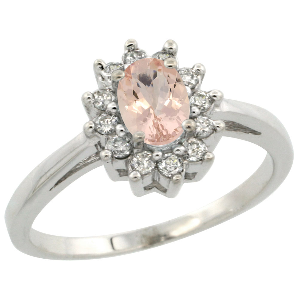 14K White Gold Natural Morganite Flower Diamond Halo Ring Oval 6x4 mm, sizes 5 10