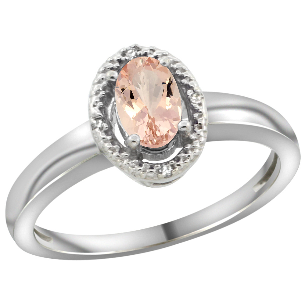 10K White Gold Diamond Halo Natural Morganite Engagement Ring Oval 6X4 mm, sizes 5-10