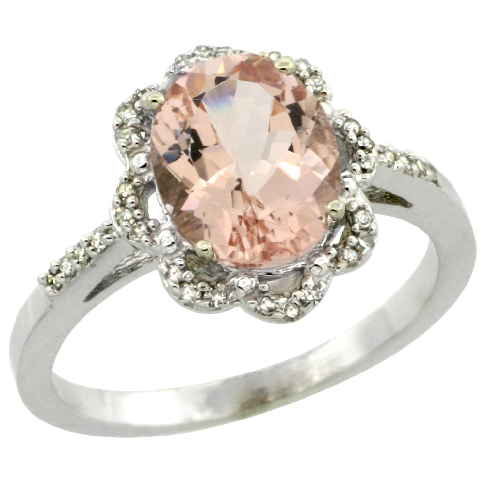 10K White Gold Diamond Halo Natural Morganite Engagement Ring Oval 9x7mm, sizes 5-10