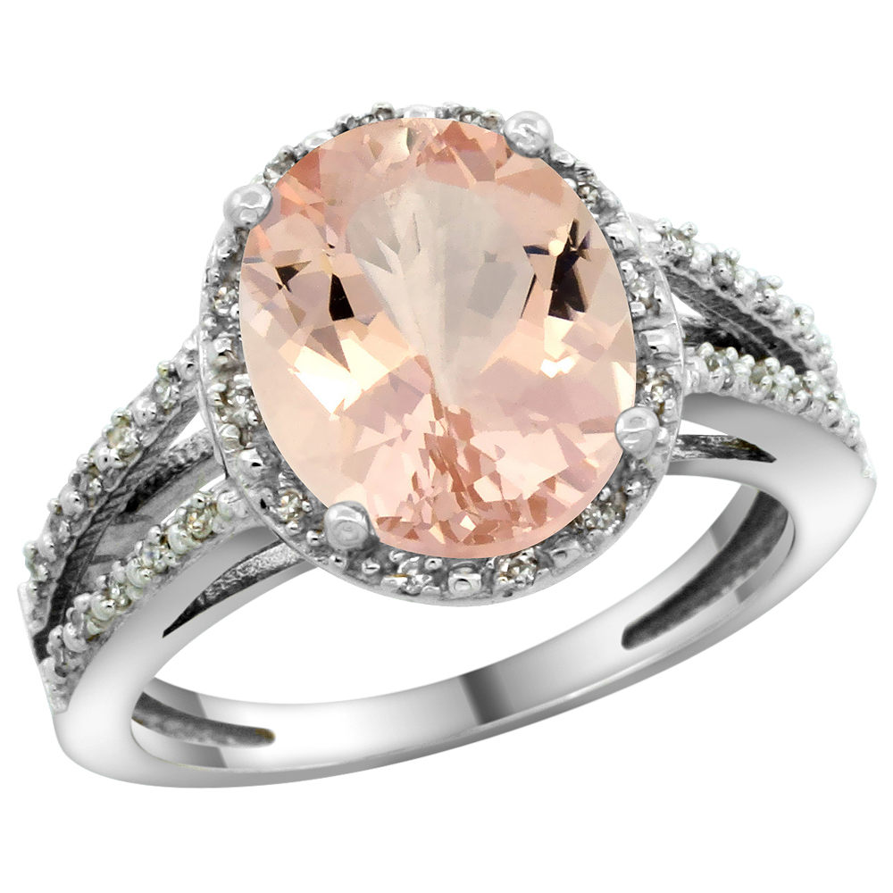 14K White Gold Natural Morganite Diamond Halo Ring Oval 11x9mm, sizes 5-10