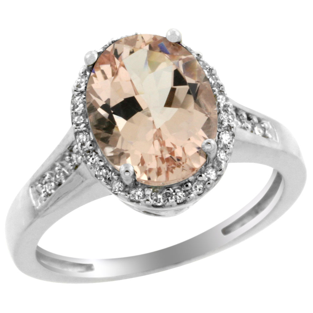 14K White Gold Diamond Natural Morganite Engagement Ring Oval 10x8mm, sizes 5-10