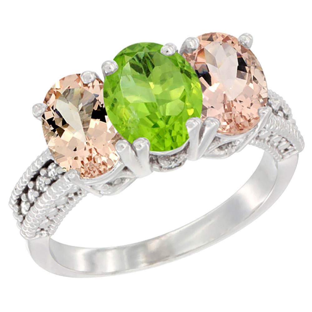 10K White Gold Natural Peridot & Morganite Sides Ring 3-Stone Oval 7x5 mm Diamond Accent, sizes 5 - 10