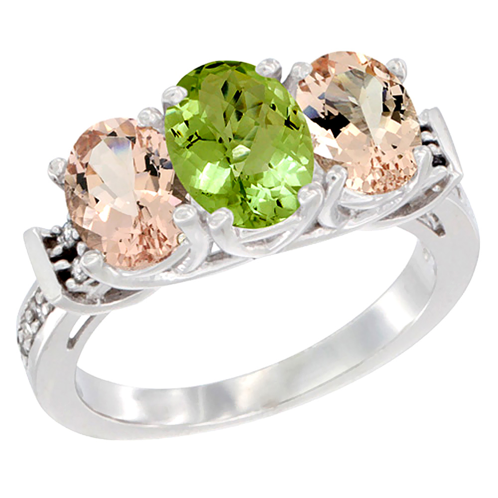 14K White Gold Natural Peridot & Morganite Sides Ring 3-Stone Oval Diamond Accent, sizes 5 - 10