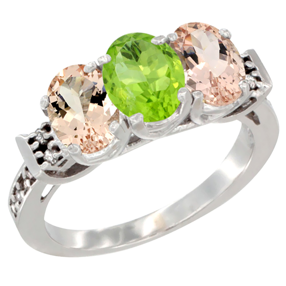 10K White Gold Natural Peridot & Morganite Sides Ring 3-Stone Oval 7x5 mm Diamond Accent, sizes 5 - 10