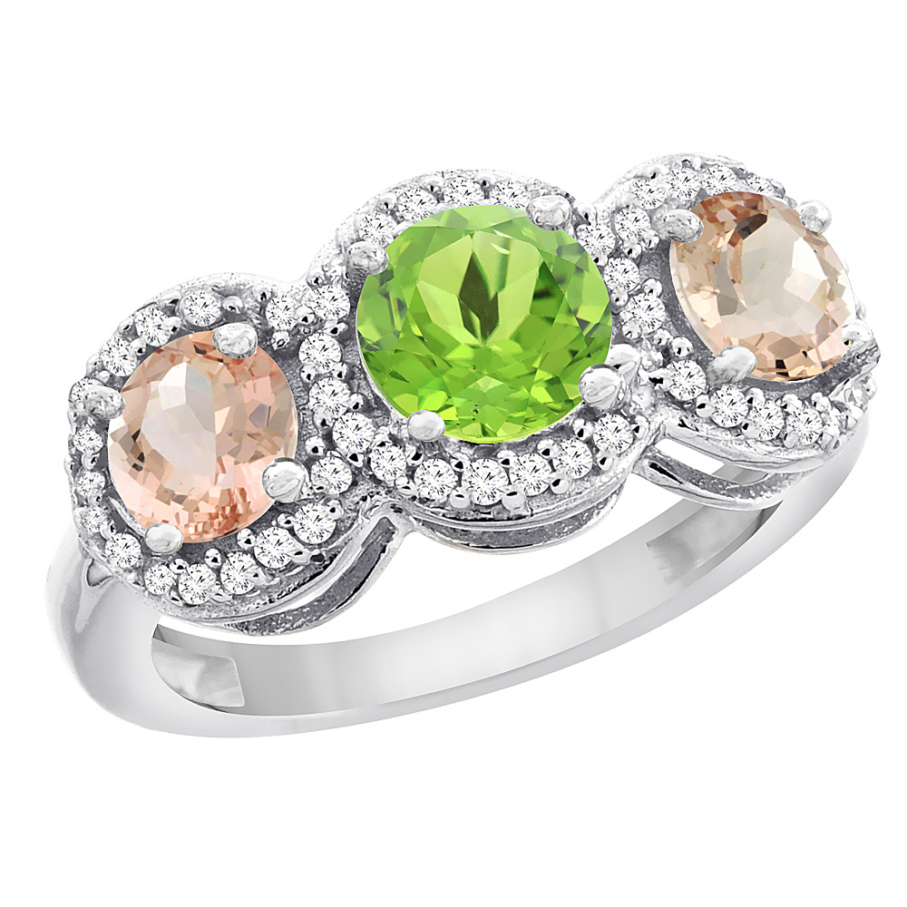 14K White Gold Natural Peridot & Morganite Sides Round 3-stone Ring Diamond Accents, sizes 5 - 10