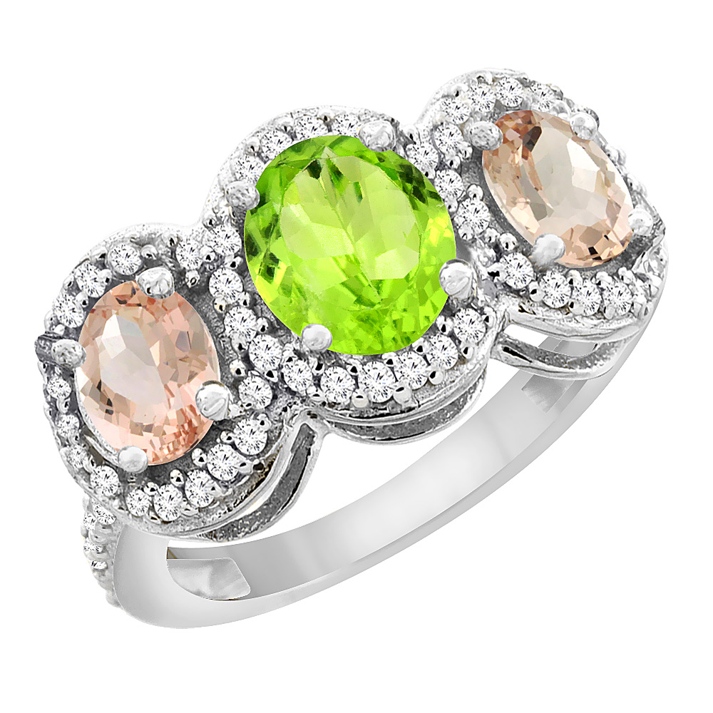 14K White Gold Natural Peridot & Morganite 3-Stone Ring Oval Diamond Accent, sizes 5 - 10