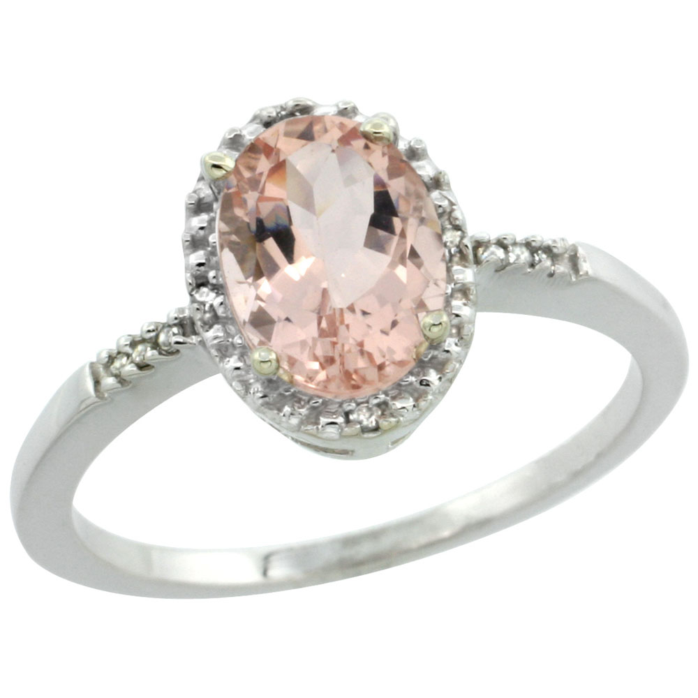 10K White Gold Diamond Natural Morganite Ring Oval 8x6mm, sizes 5-10