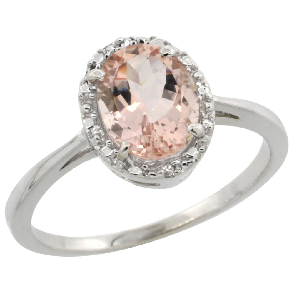 10k White Gold Natural Morganite Ring Oval 8x6 mm Diamond Halo, sizes 5-10