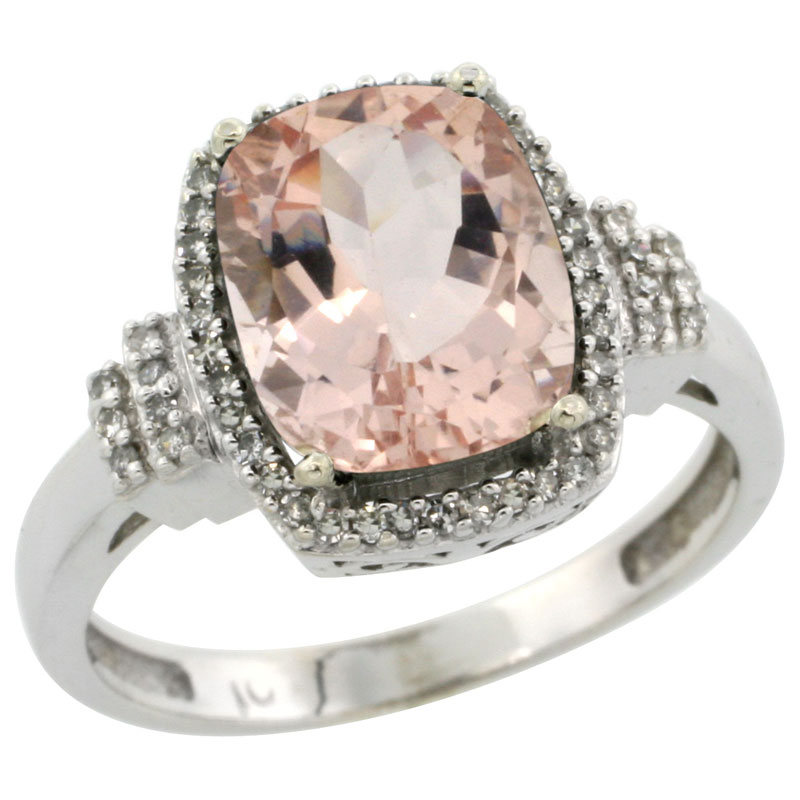 10k White Gold Natural Morganite Ring Cushion-cut 9x7mm Diamond Halo, sizes 5-10