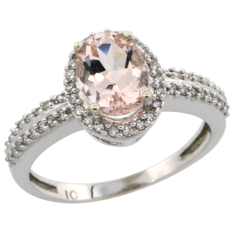 10k White Gold Natural Morganite Ring Oval 8x6mm Diamond Halo, sizes 5-10