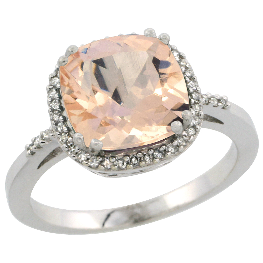 14K White Gold Diamond Natural Morganite Ring Cushion-cut 9x9mm, sizes 5-10