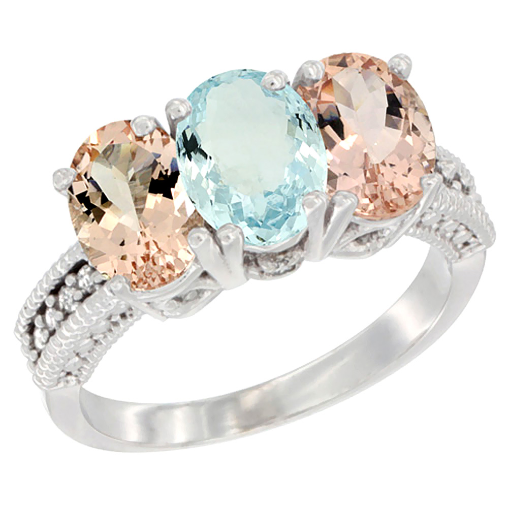 14K White Gold Natural Aquamarine & Morganite Sides Ring 3-Stone Oval 7x5 mm Diamond Accent, sizes 5 - 10