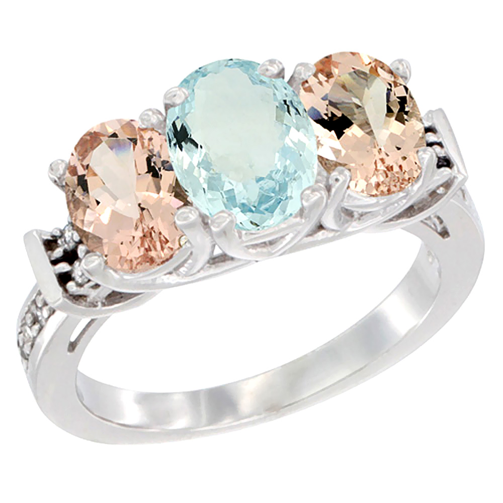 10K White Gold Natural Aquamarine &amp; Morganite Sides Ring 3-Stone Oval Diamond Accent, sizes 5 - 10