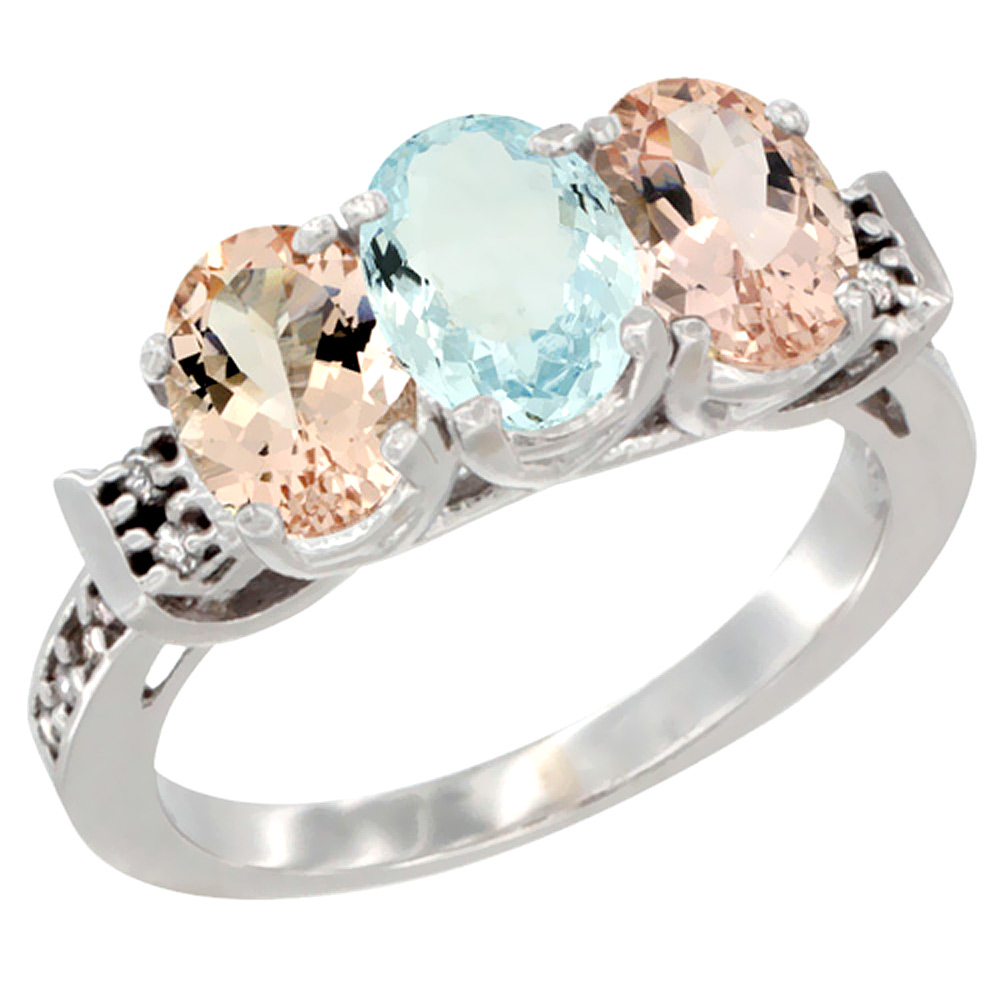 10K White Gold Natural Aquamarine & Morganite Sides Ring 3-Stone Oval 7x5 mm Diamond Accent, sizes 5 - 10