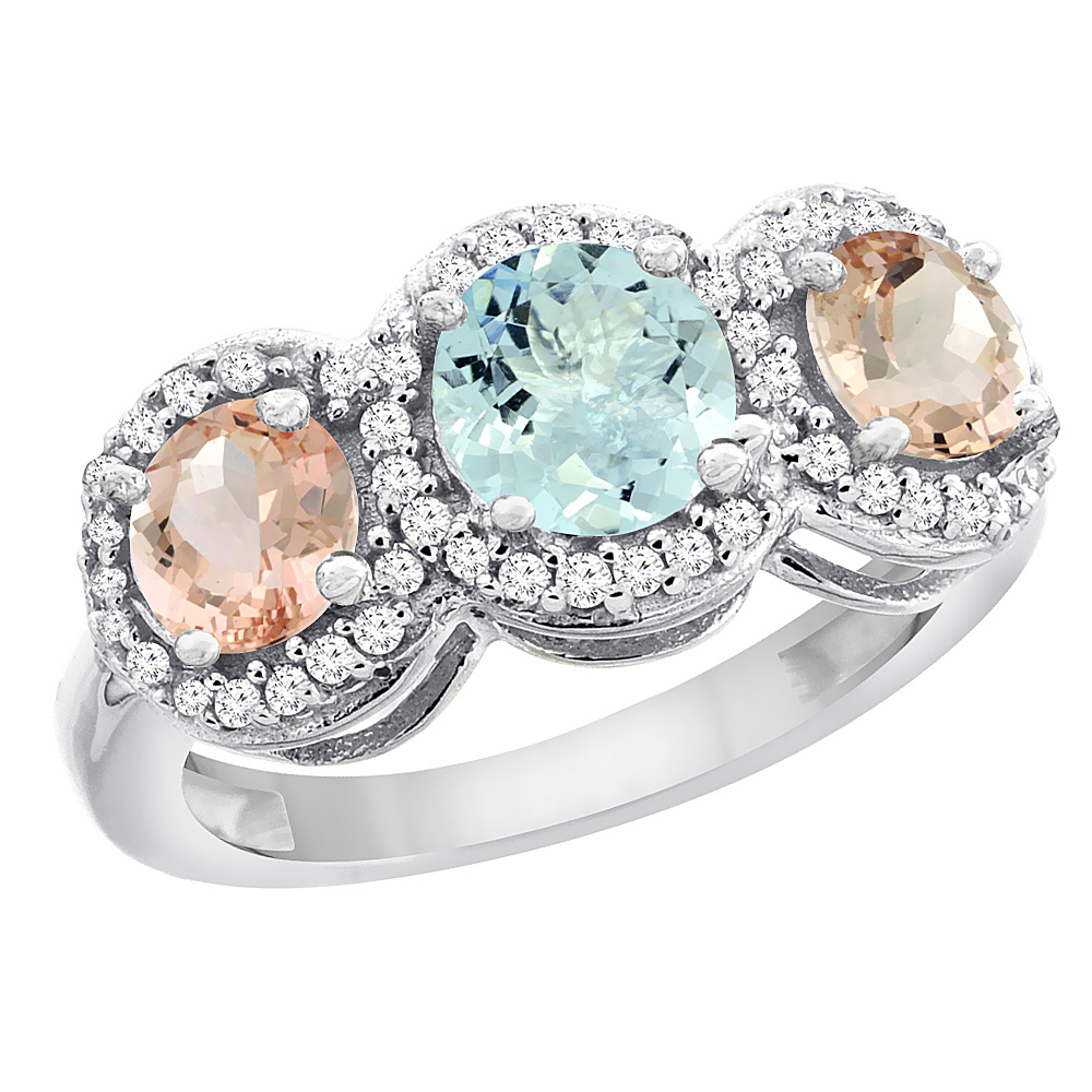 14K White Gold Natural Morganite Round 3-stone Ring Diamond Accents, sizes 5 - 10