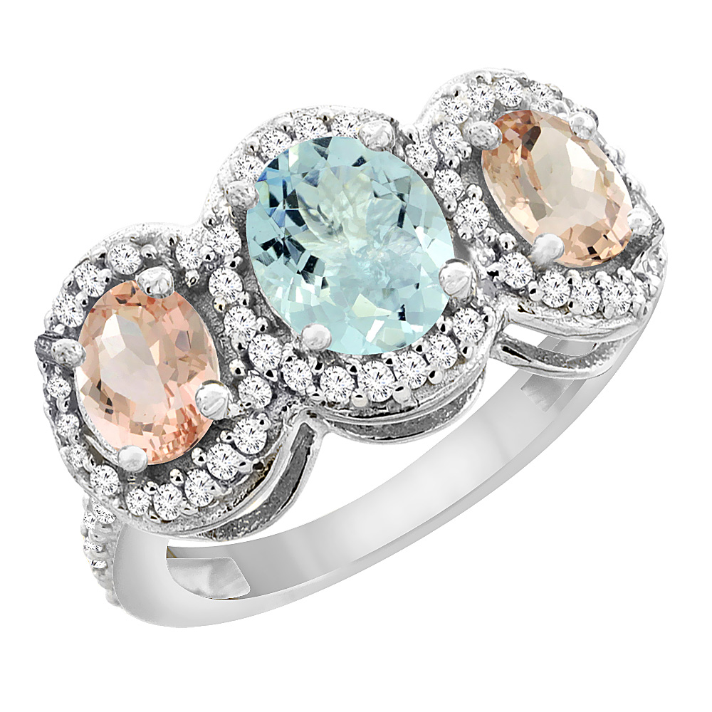 14K White Gold Natural Aquamarine & Morganite 3-Stone Ring Oval Diamond Accent, sizes 5 - 10