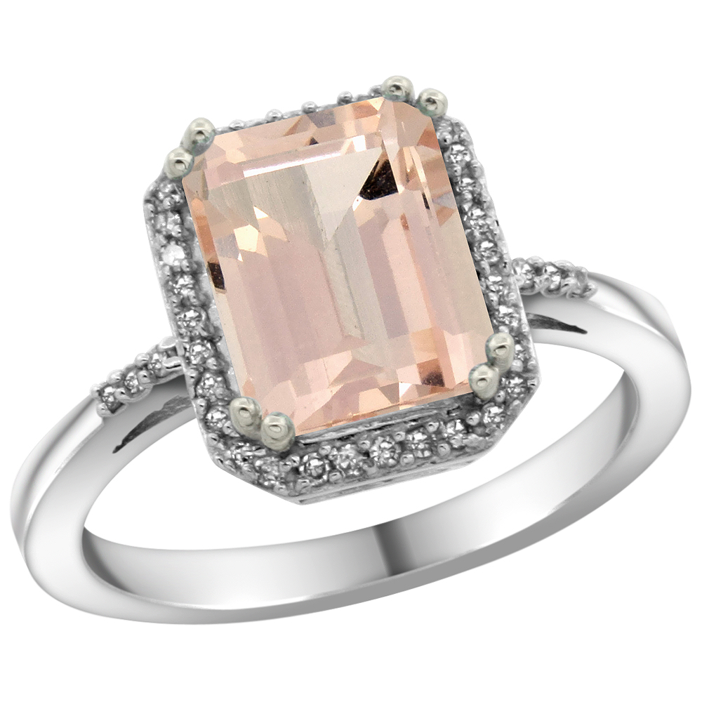 10K White Gold Diamond Natural Morganite Ring Emerald-cut 9x7mm, sizes 5-10