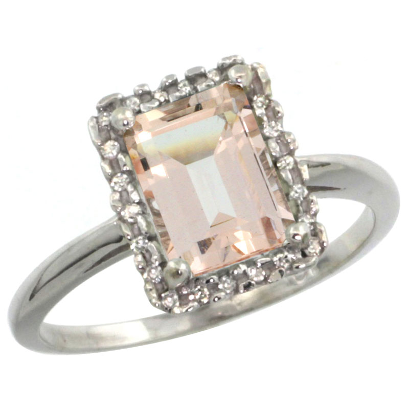 14K White Gold Diamond Natural Morganite Ring Emerald-cut 8x6mm, sizes 5-10