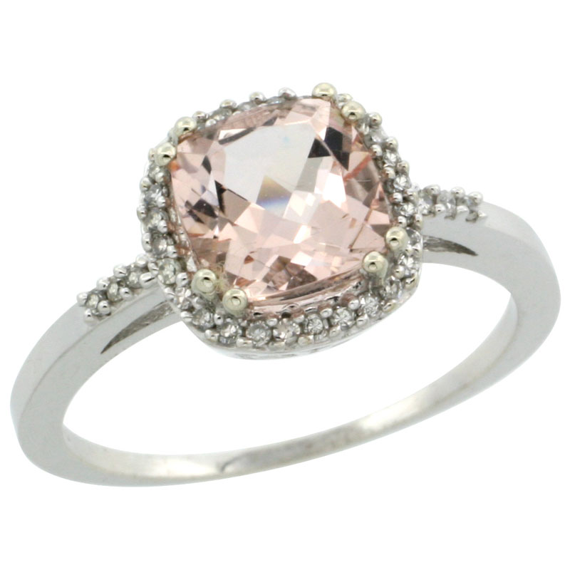 14K White Gold Natural Diamond Morganite Ring Cushion-cut 7x7mm, sizes 5-10