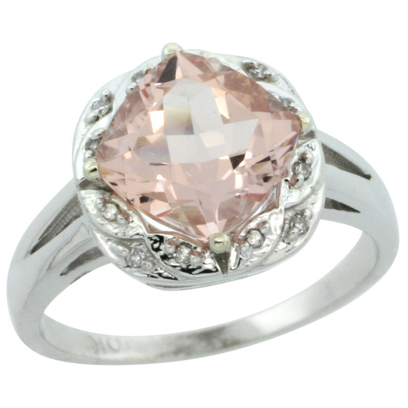 10k White Gold Natural Morganite Ring Cushion-cut 8x8mm Diamond Halo, sizes 5-10