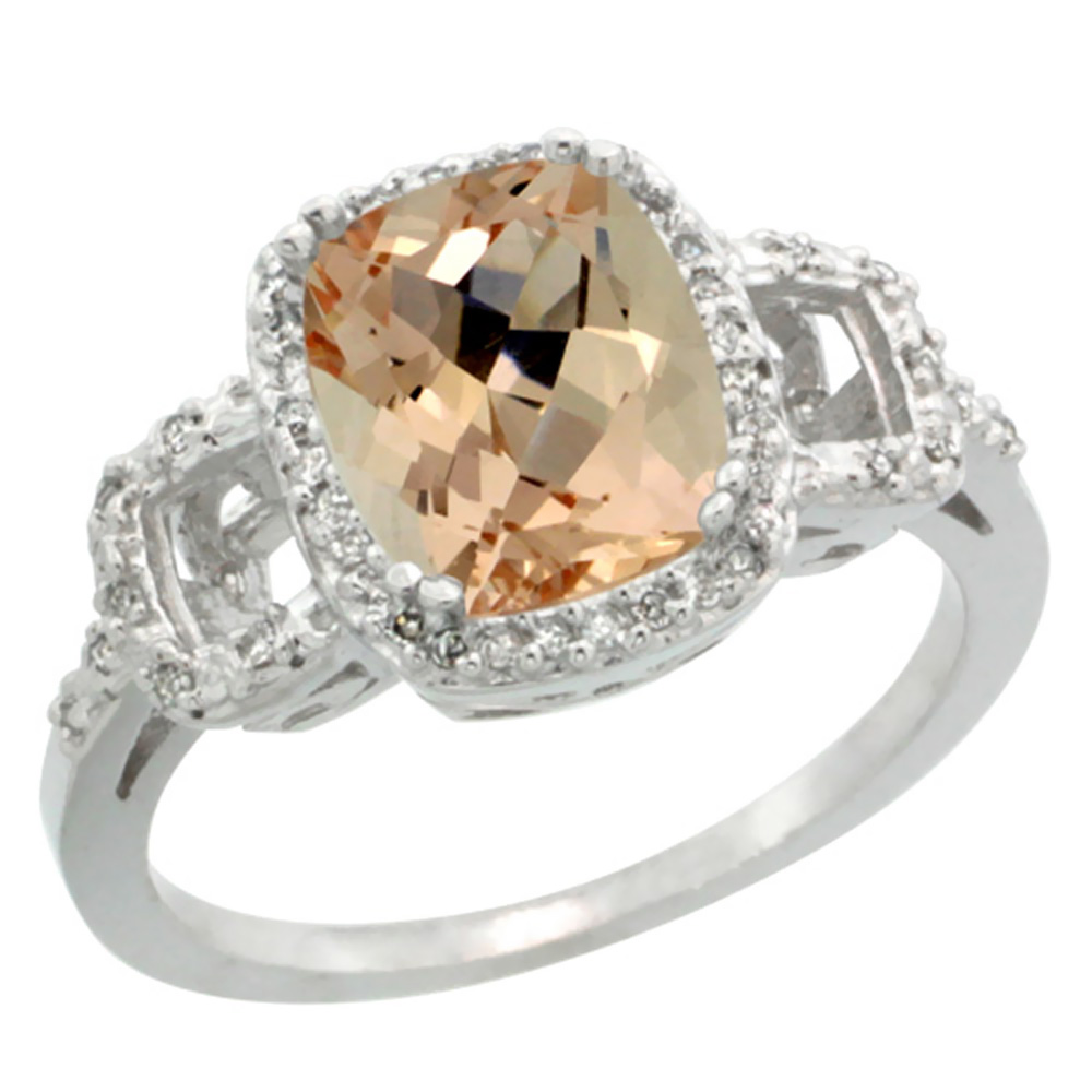 10K White Gold Natural Diamond Morganite Ring Cushion-cut 9x7mm, sizes 5-10