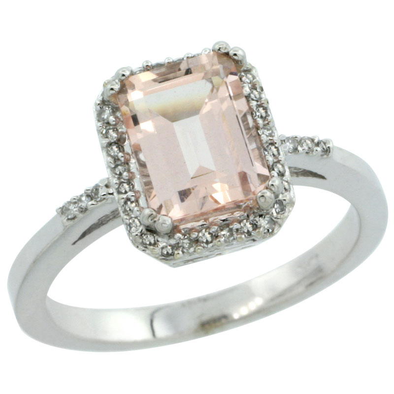 10K White Gold Diamond Natural Morganite Ring Emerald-cut 8x6mm, sizes 5-10