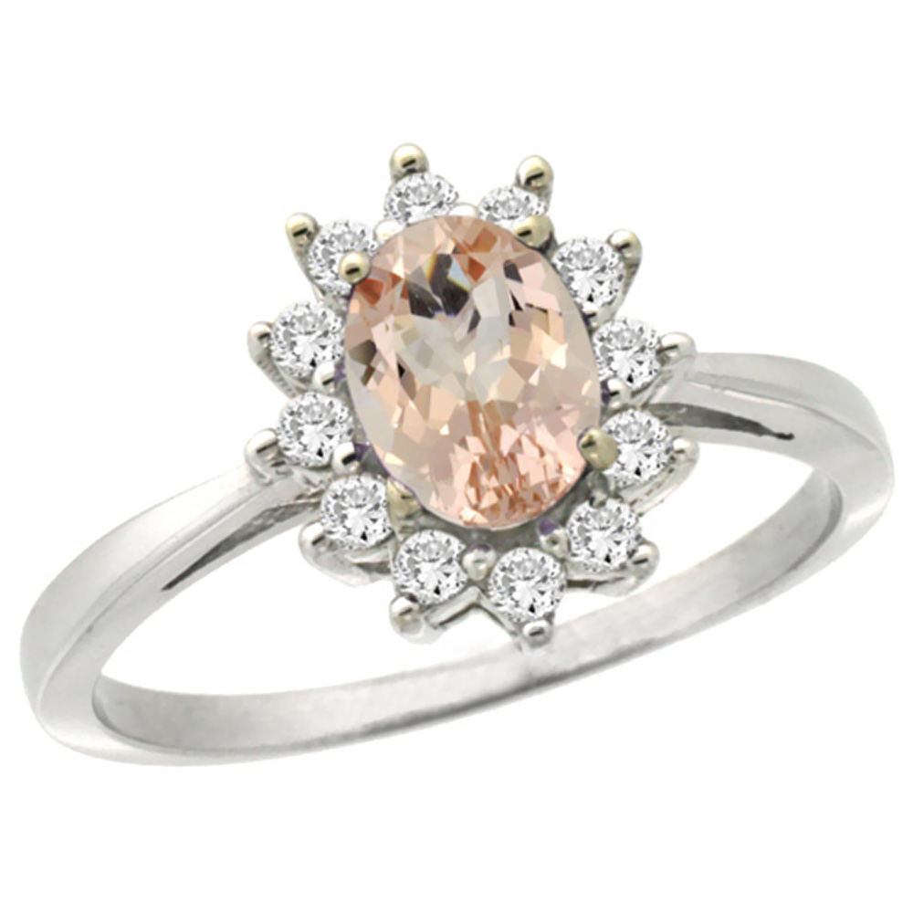 10k White Gold Natural Morganite Engagement Ring Oval 7x5mm Diamond Halo, sizes 5-10