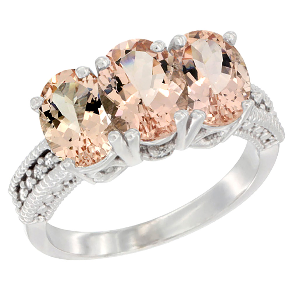 14K White Gold Natural Morganite Ring 3-Stone Oval 7x5 mm Diamond Accent, sizes 5 - 10