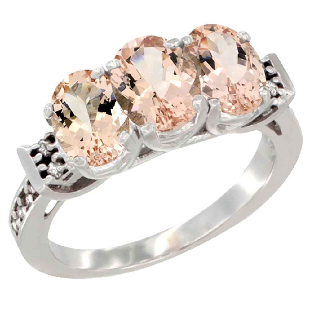 14K White Gold Natural Morganite Ring 3-Stone Oval 7x5 mm Diamond Accent, sizes 5 - 10