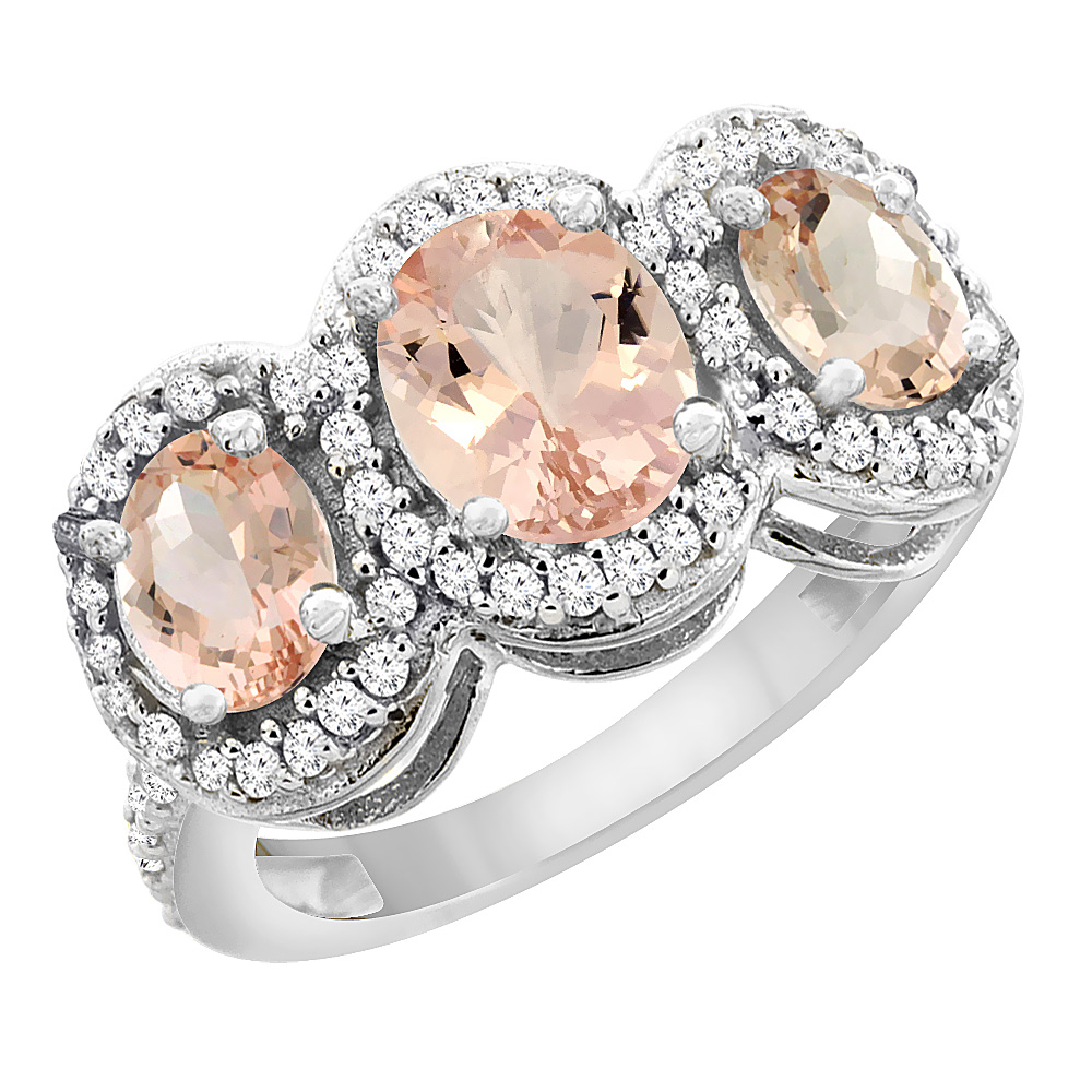 14K White Gold Natural Morganite 3-Stone Ring Oval Diamond Accent, sizes 5 - 10