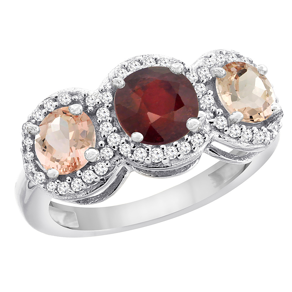 10K White Gold Enhanced Ruby & Morganite Sides Round 3-stone Ring Diamond Accents, sizes 5 - 10