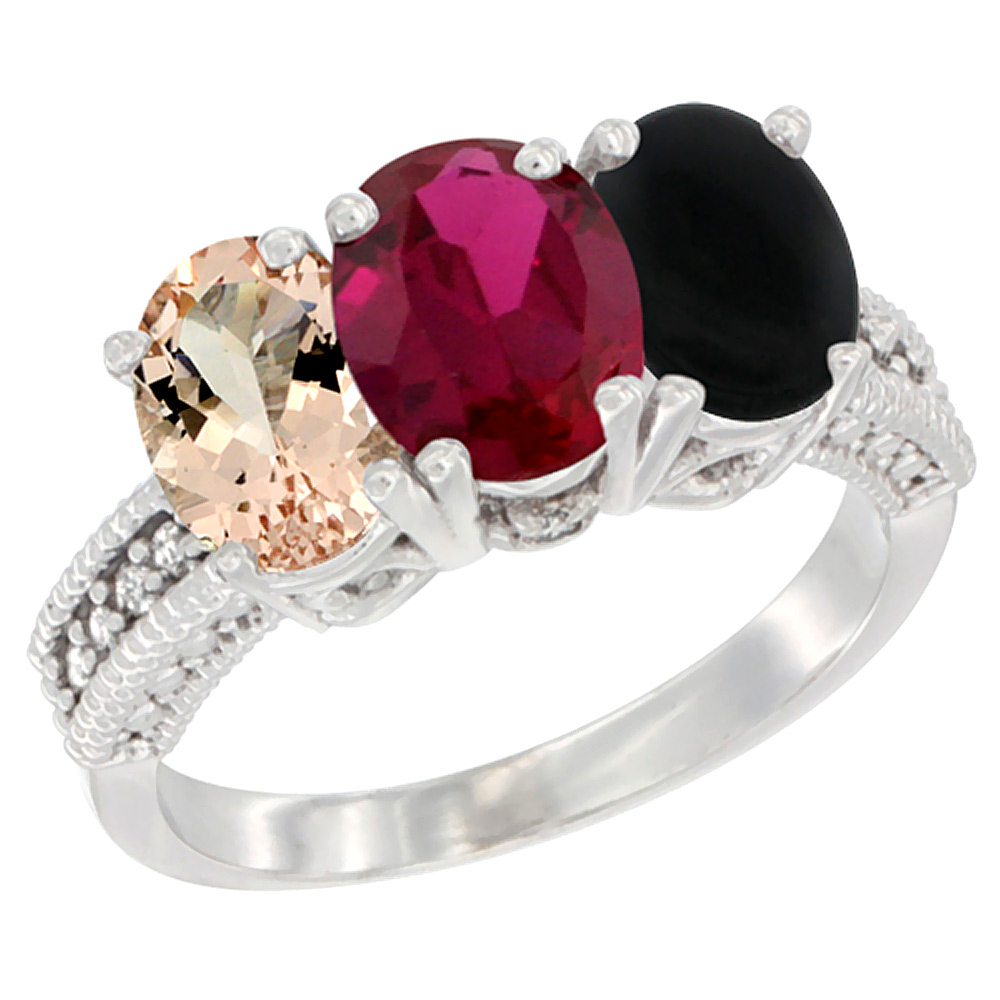 10K White Gold Natural Morganite, Enhanced Ruby & Natural Black Onyx Ring 3-Stone Oval 7x5 mm Diamond Accent, sizes 5 - 10