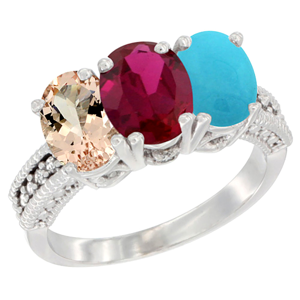 10K White Gold Natural Morganite, Enhanced Ruby & Natural Turquoise Ring 3-Stone Oval 7x5 mm Diamond Accent, sizes 5 - 10